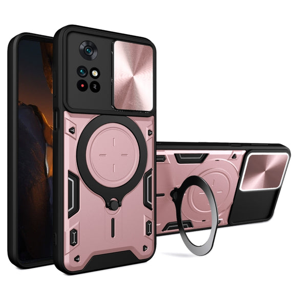For Xiaomi Poco M4 Pro 4G CD Texture Sliding Camshield Magnetic Holder Phone Case(Pink)