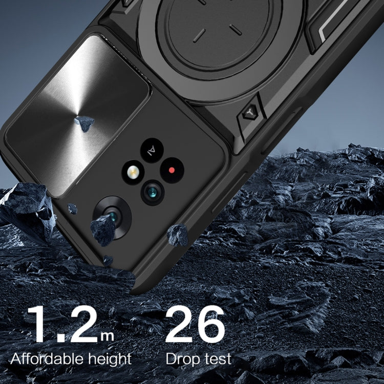 For Xiaomi Poco M4 Pro 4G CD Texture Sliding Camshield Magnetic Holder Phone Case(Blue)