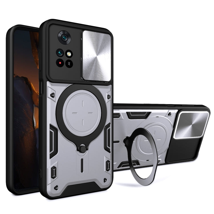 For Xiaomi Poco M4 Pro 4G CD Texture Sliding Camshield Magnetic Holder Phone Case(Silver)