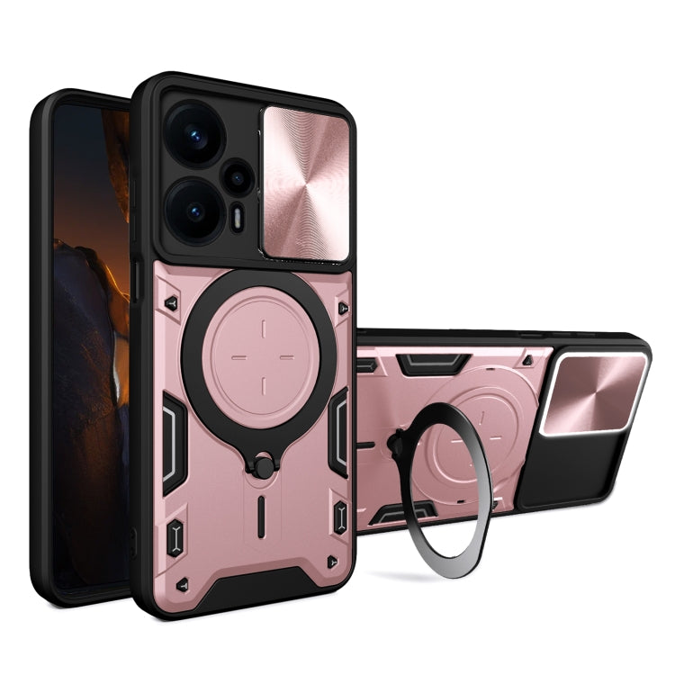 For Xiaomi Redmi Note 12 Turbo CD Texture Sliding Camshield Magnetic Holder Phone Case(Pink)
