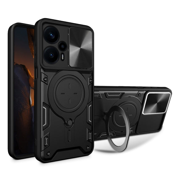 For Xiaomi Redmi Note 12 Turbo CD Texture Sliding Camshield Magnetic Holder Phone Case(Black)