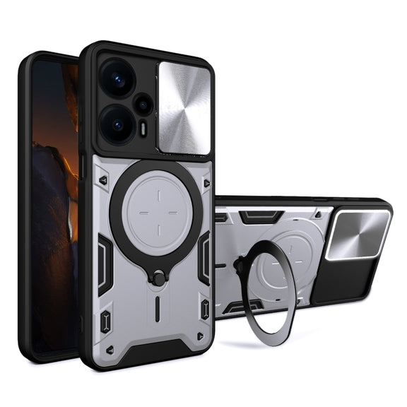 For Xiaomi Redmi Note 12 Turbo CD Texture Sliding Camshield Magnetic Holder Phone Case(Silver)