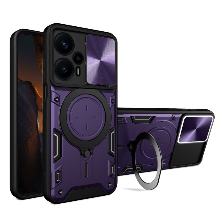 For Xiaomi Redmi Note 12 Turbo CD Texture Sliding Camshield Magnetic Holder Phone Case(Purple)