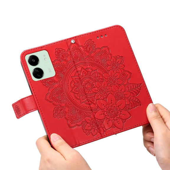 For Xiaomi Redmi 13C 4G 7-petal Flowers Embossing Leather Phone Case(Red)