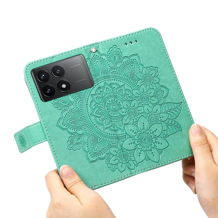 For Xiaomi Redmi K70E 7-petal Flowers Embossing Leather Phone Case(Green)