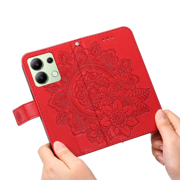 For Xiaomi Redmi Note13 4G 7-petal Flowers Embossing Leather Phone Case(Red)