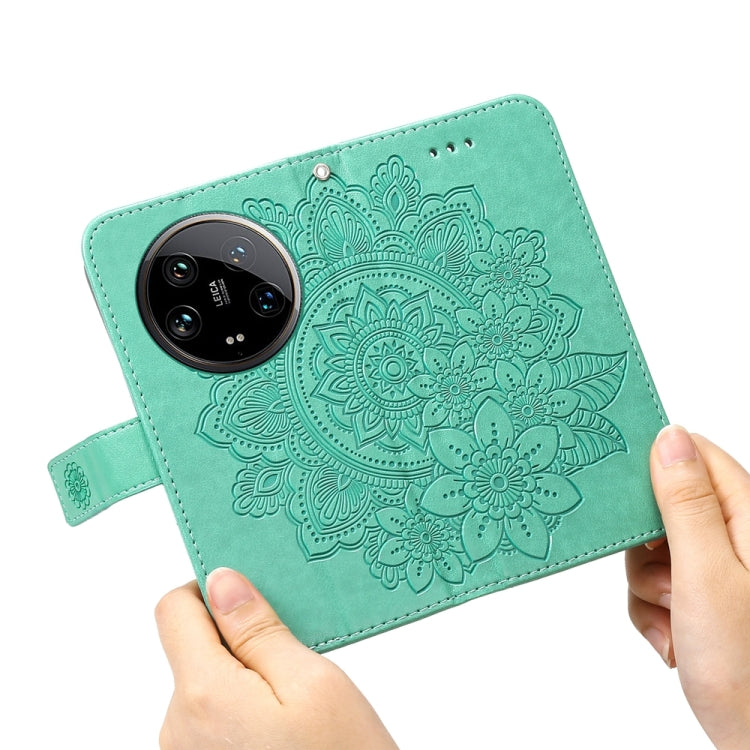 For Xiaomi 14 Ultra 7-petal Flowers Embossing Leather Phone Case(Green)