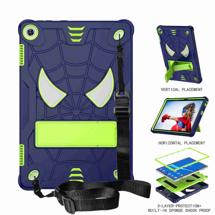 For Lenovo Tab M10 3rd Gen Spider Texture Silicone Hybrid PC Tablet Case with Shoulder Strap(Navy Blue + Yellow Green)