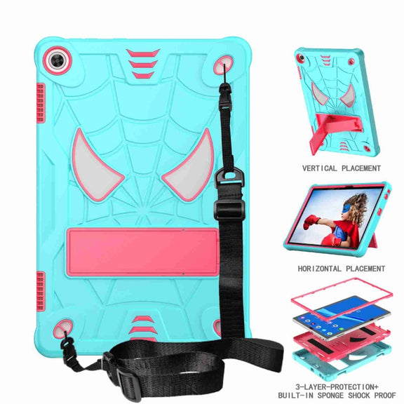 For Lenovo Tab M10 3rd Gen Spider Texture Silicone Hybrid PC Tablet Case with Shoulder Strap(Mint Green + Rose Red)