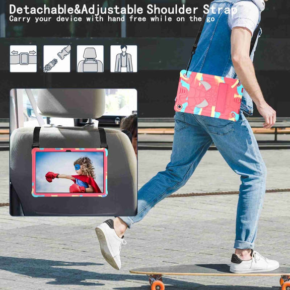 For Lenovo Tab M10 Plus 10.6 3rd Gen 2022 Spider Texture Silicone Hybrid PC Tablet Case with Shoulder Strap(Camouflage + Rose Red)
