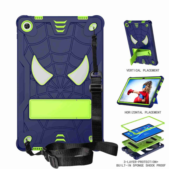 For Lenovo Tab M10 Plus 10.6 3rd Gen 2022 Spider Texture Silicone Hybrid PC Tablet Case with Shoulder Strap(Navy Blue + Yellow Green)