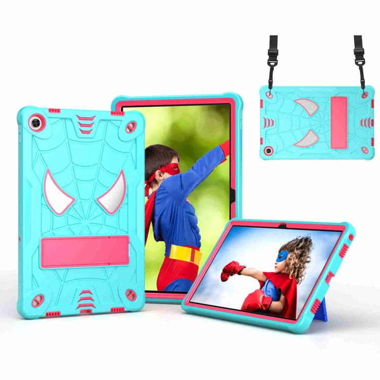 For Lenovo Tab M10 Plus 10.6 3rd Gen 2022 Spider Texture Silicone Hybrid PC Tablet Case with Shoulder Strap(Mint Green + Rose Red)