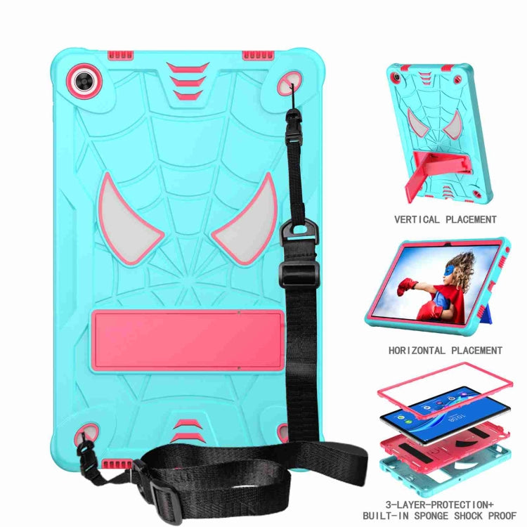 For Lenovo Tab M10 Plus 10.6 3rd Gen 2022 Spider Texture Silicone Hybrid PC Tablet Case with Shoulder Strap(Mint Green + Rose Red)