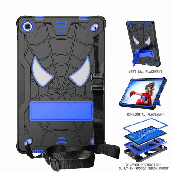 For Lenovo Tab M10 Plus 10.6 3rd Gen 2022 Spider Texture Silicone Hybrid PC Tablet Case with Shoulder Strap(Black + Blue)