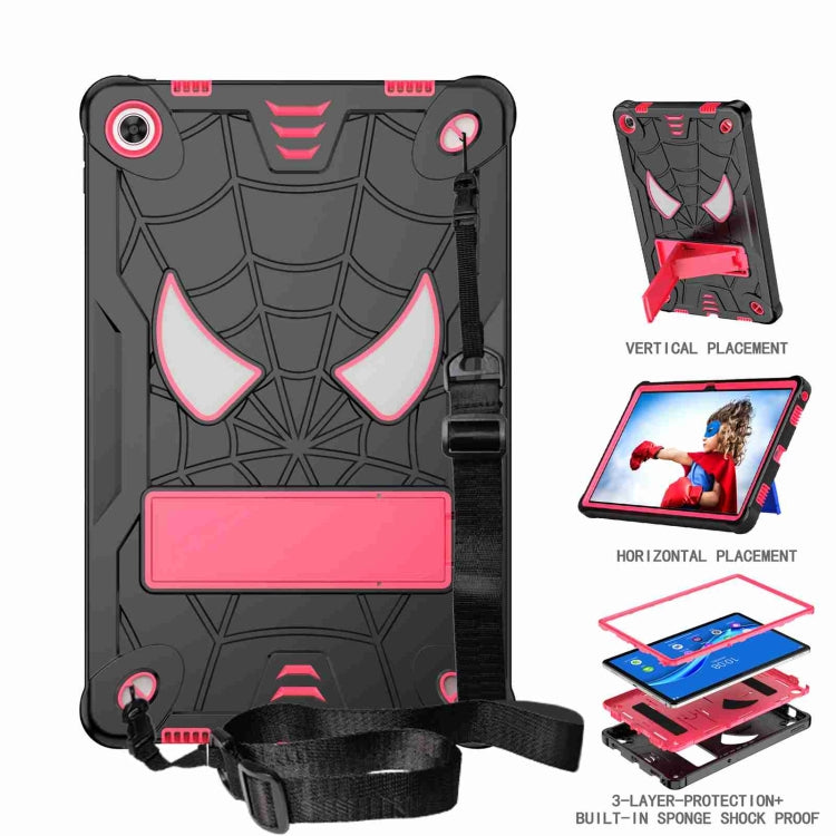 For Lenovo Tab M10 Plus 10.6 3rd Gen 2022 Spider Texture Silicone Hybrid PC Tablet Case with Shoulder Strap(Black + Rose Red)