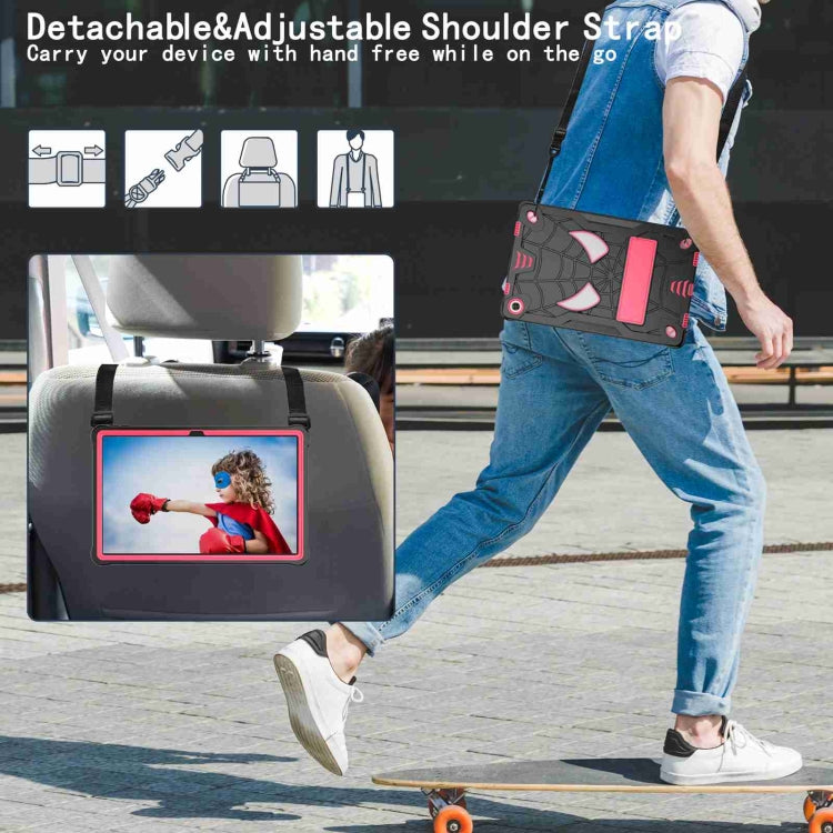For Lenovo Tab M10 Plus 10.6 3rd Gen 2022 Spider Texture Silicone Hybrid PC Tablet Case with Shoulder Strap(Black + Rose Red)
