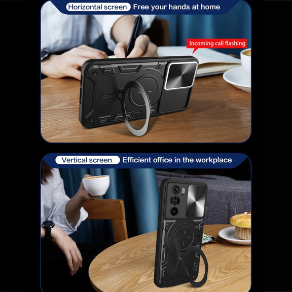 For Motorola Edge 30 Pro CD Texture Sliding Camshield Magnetic Holder Phone Case(Blue)