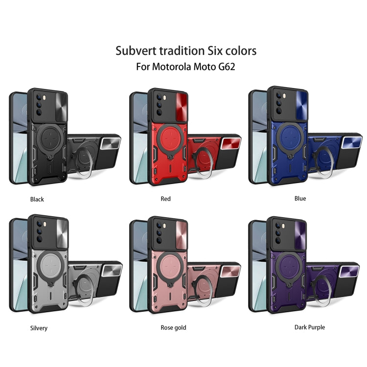 For Motorola Moto G62 CD Texture Sliding Camshield Magnetic Holder Phone Case(Blue)