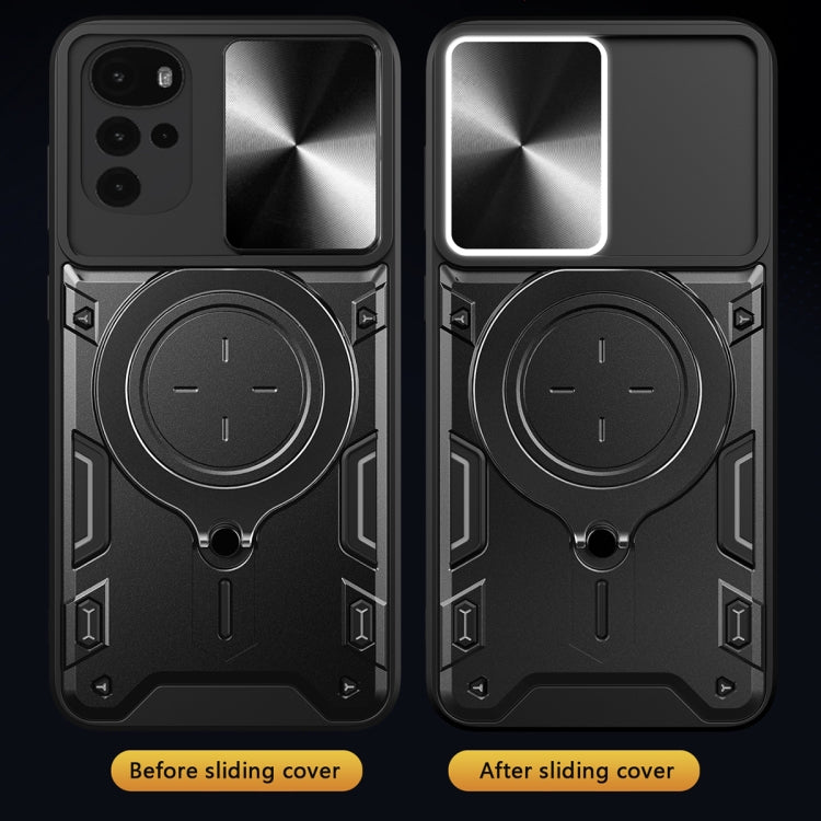 For Motorola Moto G22 / E32 CD Texture Sliding Camshield Magnetic Holder Phone Case(Black)