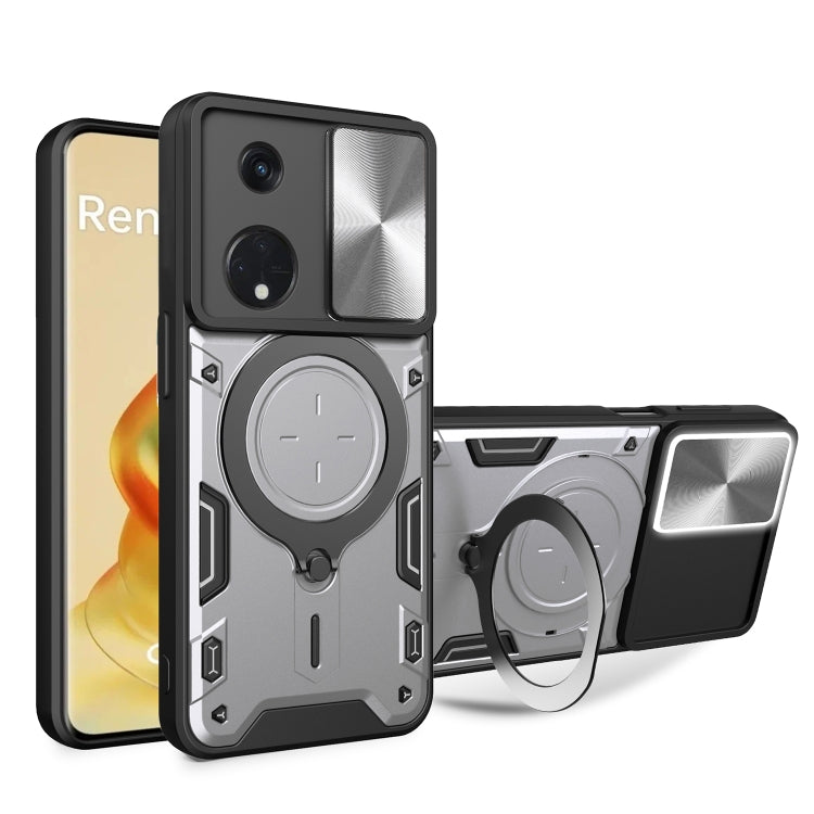 For OPPO Reno8 T 5G CD Texture Sliding Camshield Magnetic Holder Phone Case(Silver)