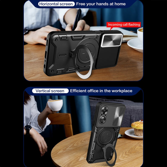 For OPPO A17 4G CD Texture Sliding Camshield Magnetic Holder Phone Case(Blue)