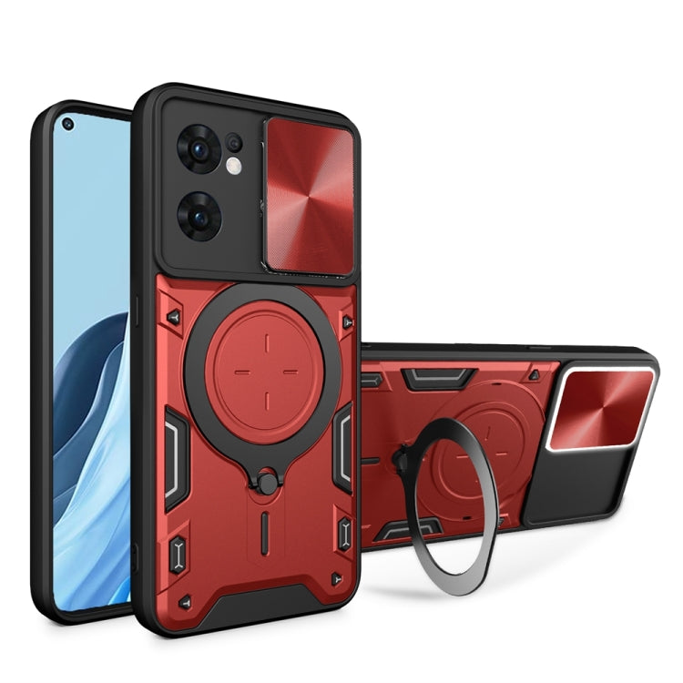 For OPPO Reno7 5G CD Texture Sliding Camshield Magnetic Holder Phone Case(Red)
