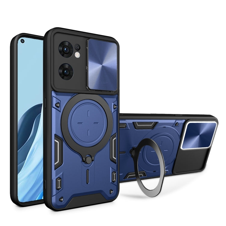 For OPPO Reno7 5G CD Texture Sliding Camshield Magnetic Holder Phone Case(Blue)