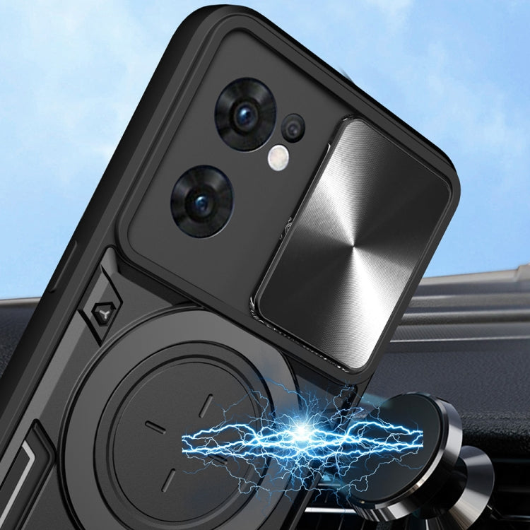For OPPO Reno7 5G CD Texture Sliding Camshield Magnetic Holder Phone Case(Blue)