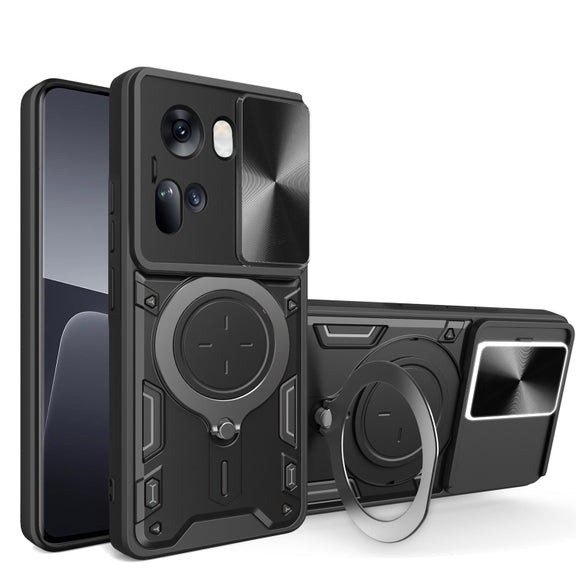 For OPPO Reno11 5G Global CD Texture Sliding Camshield Magnetic Holder Phone Case(Black)