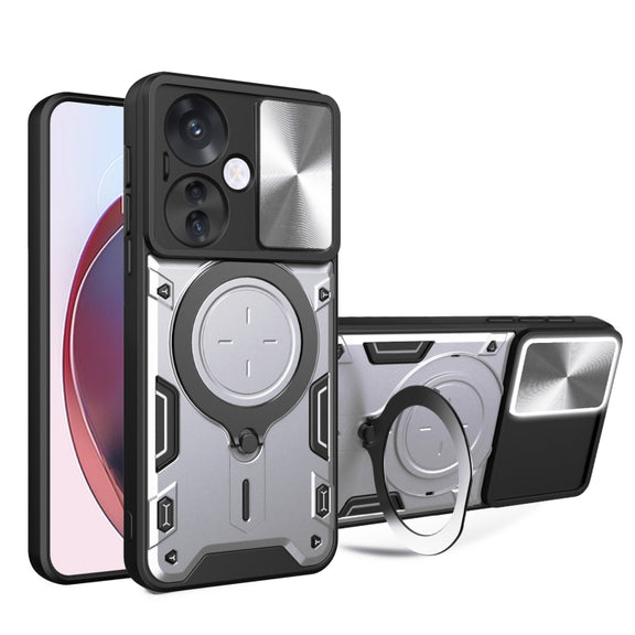 For OPPO Reno11 F 5G Global CD Texture Sliding Camshield Magnetic Holder Phone Case(Silver)