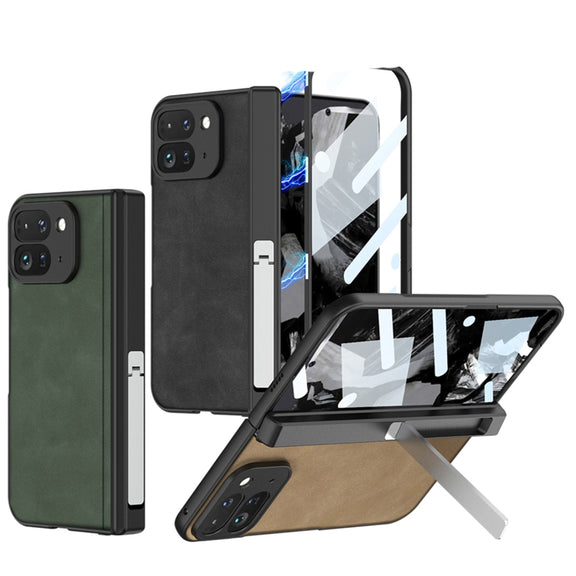 For Google Pixel 9 Pro Fold GKK Integrated Frosted Fold Hinge Leather Phone Case with Holder(Green)