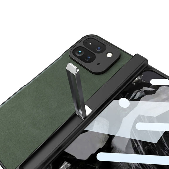 For Google Pixel 9 Pro Fold GKK Integrated Frosted Fold Hinge Leather Phone Case with Holder(Green)