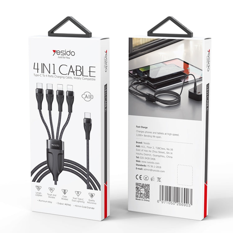 YESIDO CA110 1.2m 4A Type-C to Dual Type-C + Dual 8 Pin Charging Cable(Black)