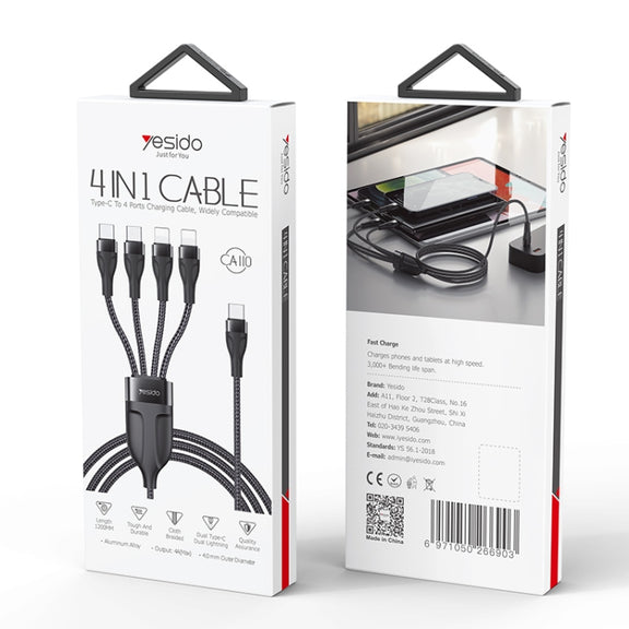 YESIDO CA110 1.2m 4A Type-C to Dual Type-C + Dual 8 Pin Charging Cable(Black)