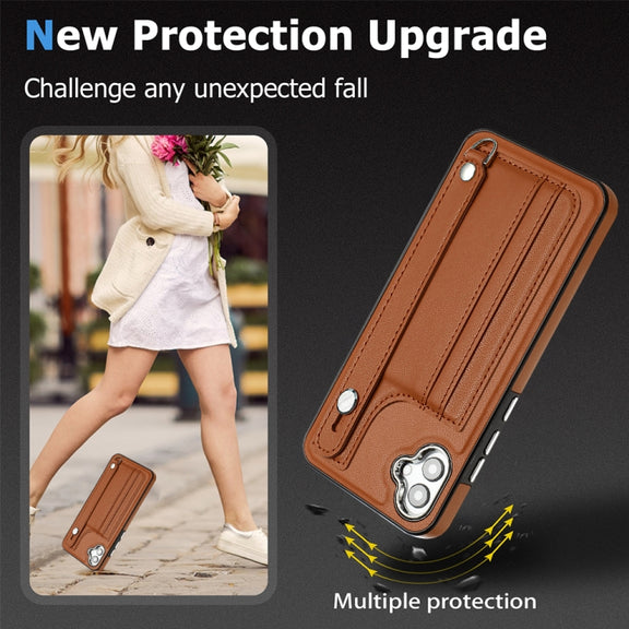 For Samsung Galaxy A04E / F04 / M04 Shockproof Leather Phone Case with Wrist Strap(Brown)