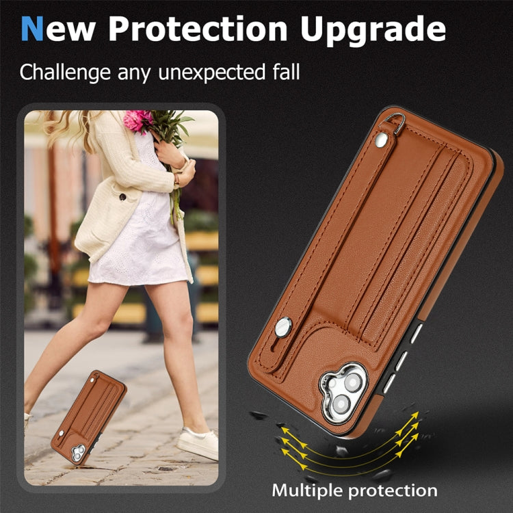 For Samsung Galaxy A04E / F04 / M04 Shockproof Leather Phone Case with Wrist Strap(Brown)