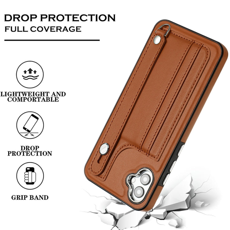 For Samsung Galaxy A04E / F04 / M04 Shockproof Leather Phone Case with Wrist Strap(Brown)