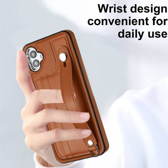 For Samsung Galaxy A04E / F04 / M04 Shockproof Leather Phone Case with Wrist Strap(Brown)