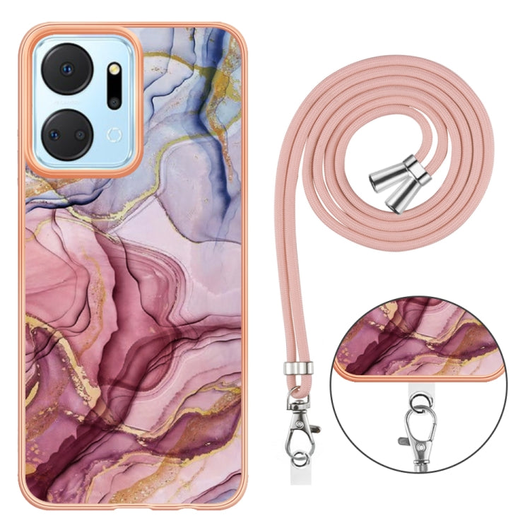 For Honor X7a Electroplating Marble Dual-side IMD Phone Case with Lanyard(Rose Red 014)
