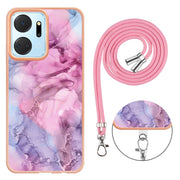 For Honor X7a Electroplating Marble Dual-side IMD Phone Case with Lanyard(Pink 013)