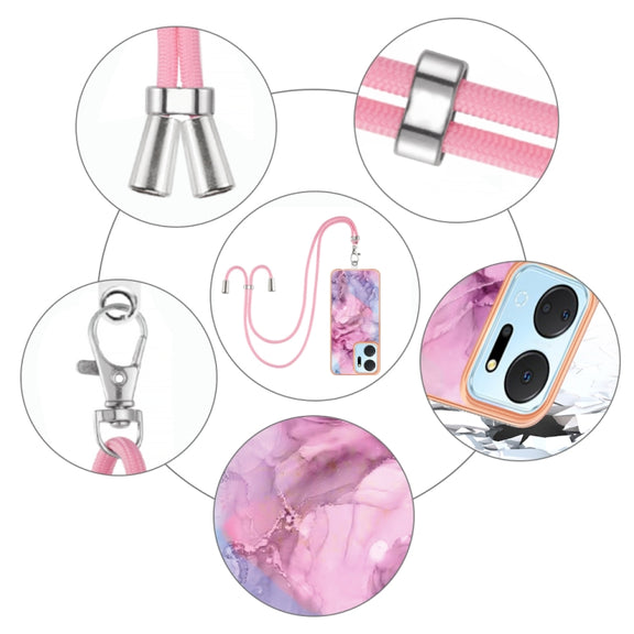 For Honor X7a Electroplating Marble Dual-side IMD Phone Case with Lanyard(Pink 013)