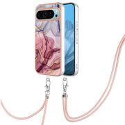 For Google Pixel 9 / 9 Pro Electroplating Marble Dual-side IMD Phone Case with Lanyard(Rose Red 014)