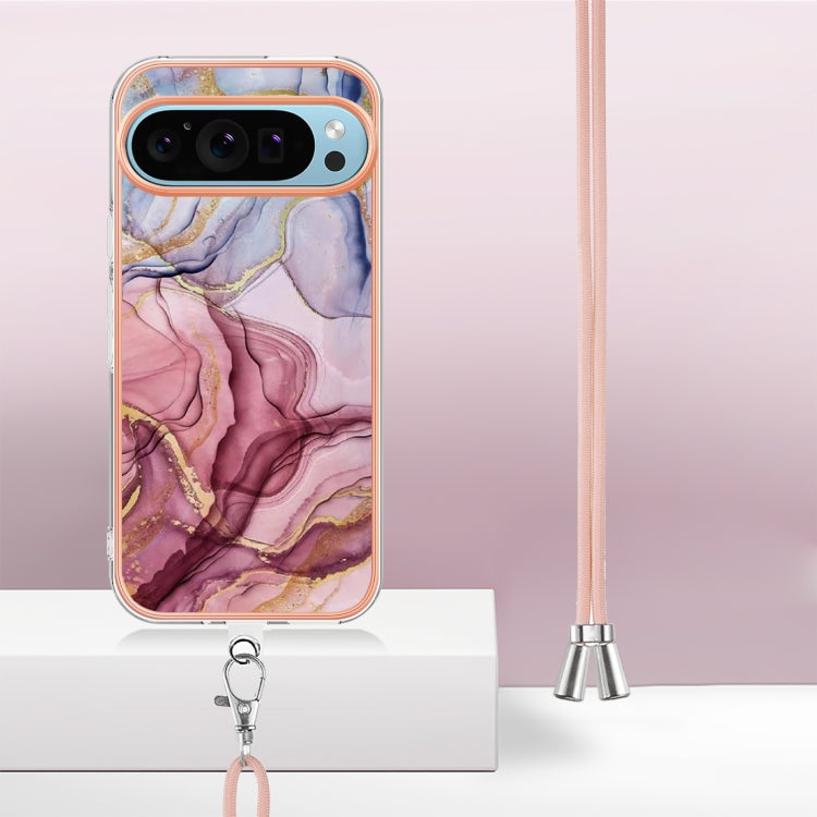 For Google Pixel 9 / 9 Pro Electroplating Marble Dual-side IMD Phone Case with Lanyard(Rose Red 014)
