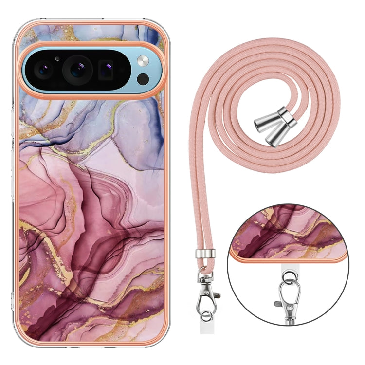 For Google Pixel 9 / 9 Pro Electroplating Marble Dual-side IMD Phone Case with Lanyard(Rose Red 014)