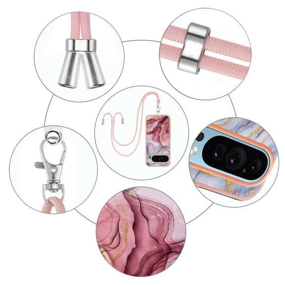 For Google Pixel 9 / 9 Pro Electroplating Marble Dual-side IMD Phone Case with Lanyard(Rose Red 014)