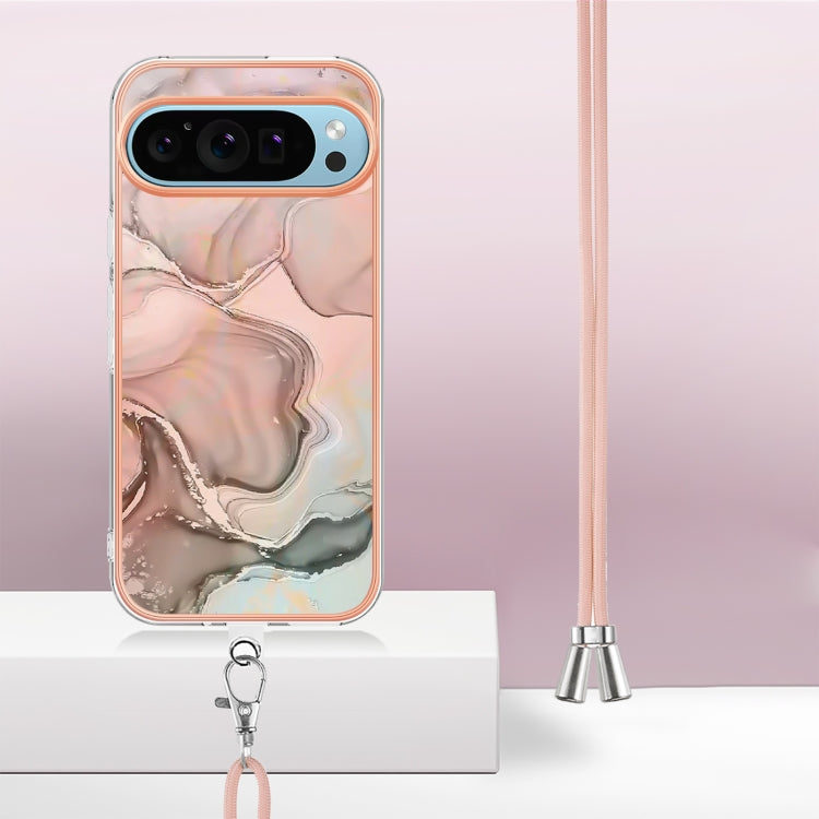 For Google Pixel 9 / 9 Pro Electroplating Marble Dual-side IMD Phone Case with Lanyard(Rose Gold 015)