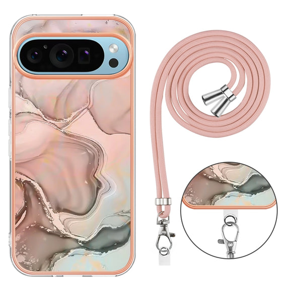 For Google Pixel 9 / 9 Pro Electroplating Marble Dual-side IMD Phone Case with Lanyard(Rose Gold 015)