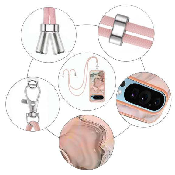 For Google Pixel 9 / 9 Pro Electroplating Marble Dual-side IMD Phone Case with Lanyard(Rose Gold 015)