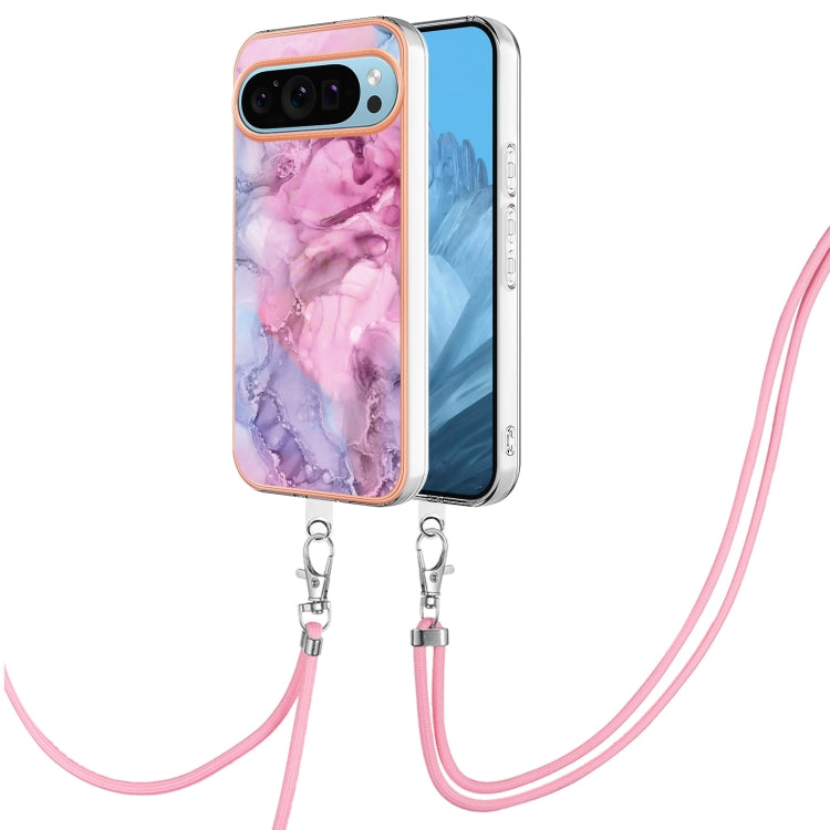 For Google Pixel 9 / 9 Pro Electroplating Marble Dual-side IMD Phone Case with Lanyard(Pink 013)