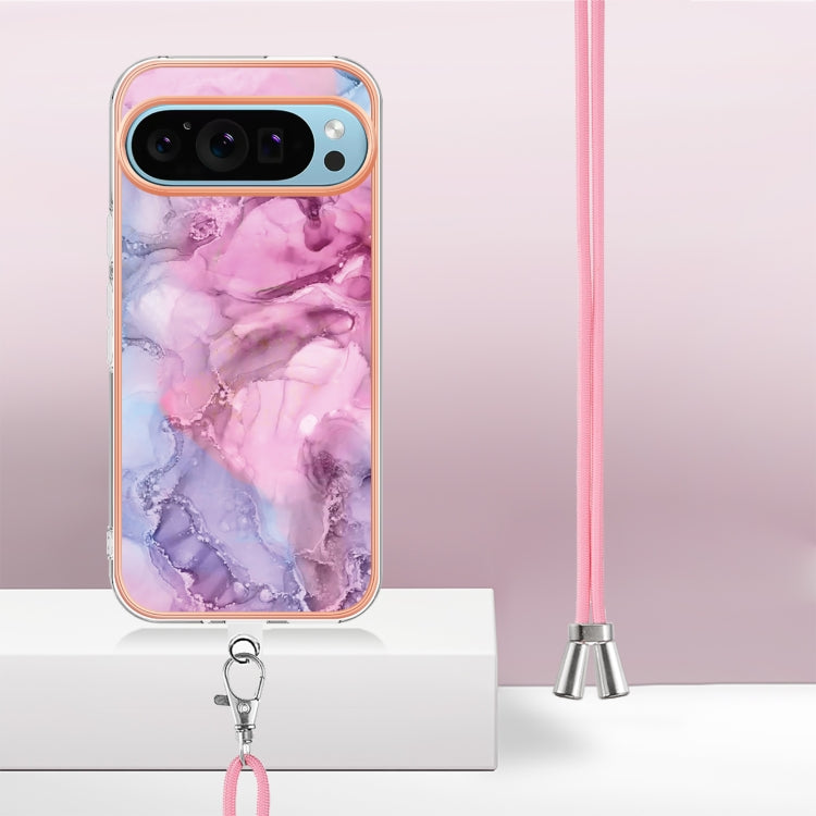 For Google Pixel 9 / 9 Pro Electroplating Marble Dual-side IMD Phone Case with Lanyard(Pink 013)